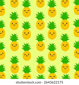Cute seamless pattern of pineapples with happy cartoon faces on a light yellow background. Fun and cheerful fruit design perfect for kids' products, summer themes, wrapping paper, or textile prints.