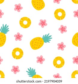 Cute seamless pattern with pineapples and hibiscus flowers