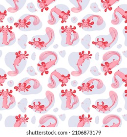 A cute seamless pattern of pink axolotls floating in water drops. A cute pink axolotls floats in a drop of water and waves its fin. Vector image of a rare amphibian creature.