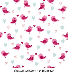 
Cute seamless pattern with pink birds with hearts with love and a white background for the holiday Valentines Day for print
