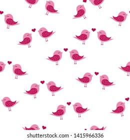 
Cute seamless pattern with pink birds with hearts with love and a white background for the holiday Valentine's Day