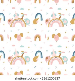 Cute seamless pattern. Pink and blue elephants, palm trees, rainbows on a white isolated background. Vector children's illustration. Template for fabric, wallpaper, clothing, paper.