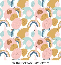 Cute seamless pattern. Pink and blue elephants, rainbows on a white isolated background. Vector children's illustration. Suitable for fabric, wallpaper, clothing, paper.