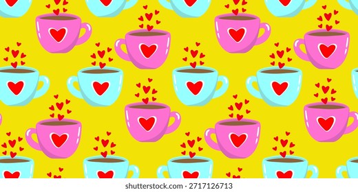 süßes nahtloses Muster mit rosa und blauen Kaffeetassen und roten Herzen auf hellgelbem Hintergrund fröhliche romantische Tapete für Valentinstag Textildesign
