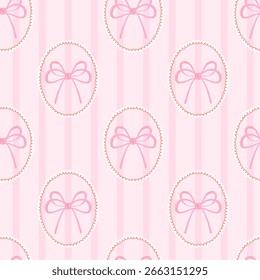 Cute seamless pattern with pink bows inside decorative medallions on striped background. Sweet feminine design for packaging, fabric, or stationery.