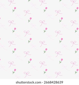 Cute seamless pattern of pink bows and tulips. Gift design for postcards, wallpapers, greeting cards. Vector image for room design