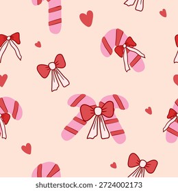 Cute seamless pattern with pink bows and small hearts on a pink candy canes with  soft peach background, perfect for romantic and gift designs.
