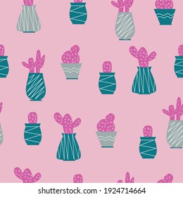 Cute seamless pattern of pink cacti. Bright vector illustration on pink background 