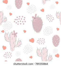 Cute seamless pattern with pink cacti and hearts on white background. Vector Illustration