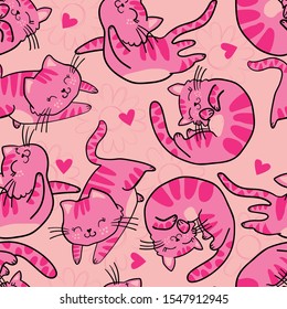 Cute seamless pattern with pink cats. red hand drawn kitty . Pattern for t-shirt, textile, fabric, web, poster, card and other design.