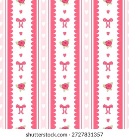 Padrão perfeito bonito na cor rosa com rosas, corações e arcos. Projeto do Dia dos Namorados para tecido, papel de parede, papel de parede em cores rosa e vermelho. Ilustração vetorial.