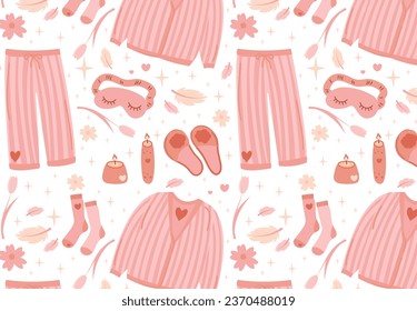 Cute seamless pattern in pink colors with elements for sleep and relaxation