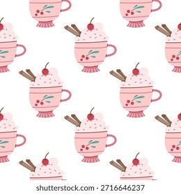 Padrão perfeito bonito com uma xícara rosa de bebida quente, com creme, canela e uma cereja vermelha no topo