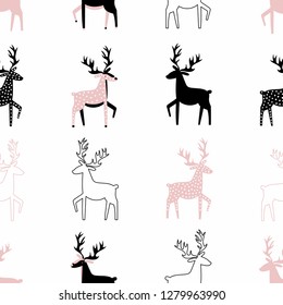 Cute seamless pattern with pink deer. Vector childrens background. Illustration isolated on white background. Printing on wallpaper, fabrics, textiles, clothing, paper.