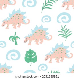 Cute seamless pattern with pink dinosaur, palms,leaves, herbs on white background for girl clothes
