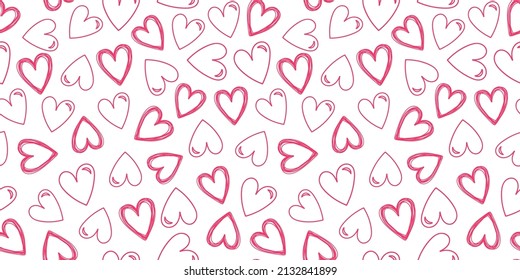 Cute seamless pattern with pink doodle hearts. Vector hand-drawn illustration. Perfect for Valentine's Day and holiday designs, print, decorations, wrapping paper, covers, invitations, cards.