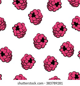 Cute seamless pattern with pink doodle raspberries on white background. Simple vector background with hand drawn elements for your design.