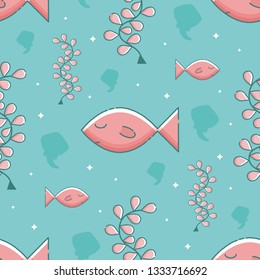 Cute seamless pattern with pink fish, pink seaweed, sparkling stars. Aquamarine background. Linear style illustration. Vector.
