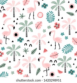 Cute seamless pattern with pink flamingo and tropical plants on white background in scandinavian style. Tropical wrapping paper, textile design in vector.