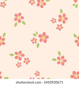 Cute seamless pattern with pink flowers and green leaves