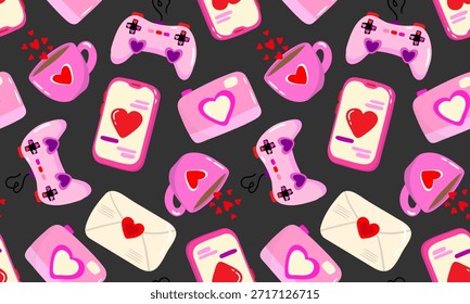 Lindo patrón sin fisuras con controladores de juego rosa Smartphones tazas de café y cartas de amor sobre fondo gris oscuro Romántico Gamer Girl Fondo de pantalla de estilo de vida