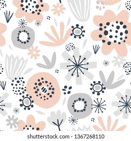 Cute seamless pattern with pink and gray flowers on white background. Great for textile, fabric, wrapper and wallpaper. Vector illustration.
