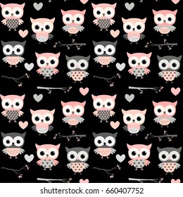 Cute seamless pattern with pink and grey owl characters on black background