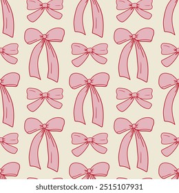 Cute seamless pattern with pink hand drawn bows. Vector background with ribbons in retro style. Coquette and ballet core aesthetic