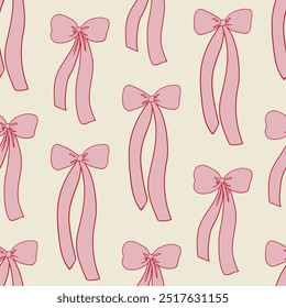 Cute seamless pattern with pink hand drawn bows. Vector background with ribbons in retro style. Coquette and balletcore aesthetic. Wedding, valentines day clipart