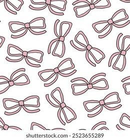 Lindo patrón sin fisuras con arcos dibujados a mano de color rosa. Fondo de contorno de Vector con cintas en estilo retro. Coqueta y estética de núcleo de ballet