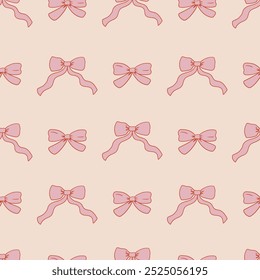 Cute seamless pattern with pink hand drawn bows. Vector background with ribbons in retro style. Coquette and ballet core aesthetic