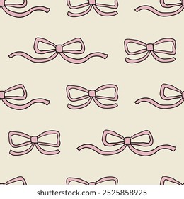 Cute seamless pattern with pink hand drawn bows. Vector outline background with ribbons in retro style. Coquette and ballet core aesthetic