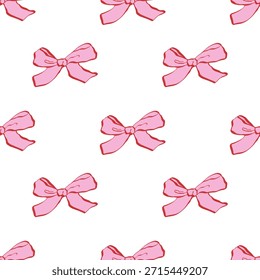 Cute seamless pattern with pink hand drawn bows. Vector background with ribbons . Delicate, feminine, and whimsical design perfect for stationery, packaging, fabrics, wallpapers, and digital projects.