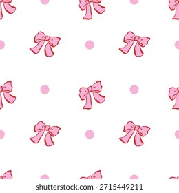 Cute seamless pattern with pink hand drawn bows. Vector background with ribbons . Delicate, feminine, and whimsical design perfect for stationery, packaging, fabrics, wallpapers, and digital projects.