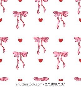 Cute seamless pattern with pink hand drawn bows. Vector background with ribbons . Delicate, feminine, and whimsical design perfect for stationery, packaging, fabrics, wallpapers, and digital projects.