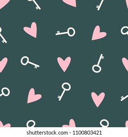 cute seamless pattern with pink heart and white key on dark slate gray background, romantic wallpaper flat design