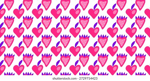 Lindo patrón sin fisuras con bayas en forma de corazón rosa sobre fondo blanco. Celebración del día de San Valentín.