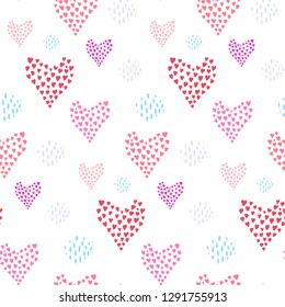 Cute seamless pattern with pink hearts and blue dotted elements on white background. Lovely vector texture with tender doodle heart shapes for St. Valentines wrapping paper design, surface, textile