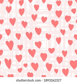 Cute seamless pattern with pink hearts on textured background. Lovely vector texture with red doodle heart shapes for St. Valentines wrapping paper, surface, wallpaper, textile