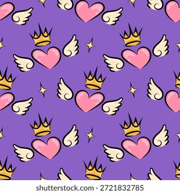 Cute seamless pattern with pink hearts, angel wings and golden crowns on purple background. Romantic cartoon illustration for Valentine’s Day, love designs, kids products, wrapping paper and textile.