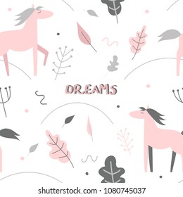 Cute seamless pattern with pink horses and plants on a white background. Vector illustration in the Scandinavian style. Perfect for kids design, fabric, wrapping, wallpaper, textile, postcard, poster.