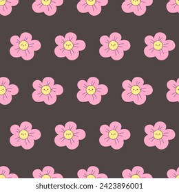 Cute seamless pattern with pink kawaii flowers on black background. Vector illustration in Korean, Japanese style for prints and printing