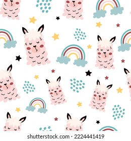 Cute seamless pattern with pink llama, with rainbow, with stars. Great for textiles, bags, clothes, stationery. Beautiful vector pattern.