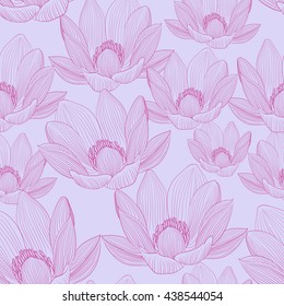 Cute seamless pattern with pink lotus flowers. Water lilies wallpapers