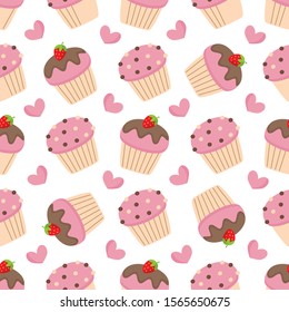 Cute seamless pattern with pink muffins. 
