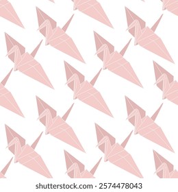 Cute seamless pattern with pink origami crane. Print with folded paper birds.