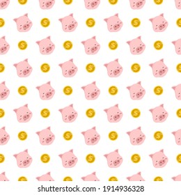 Cute seamless pattern with pink pig and gold coin. Heel and dollar print. World pig day on a white background. Vector flat cartoon illustration