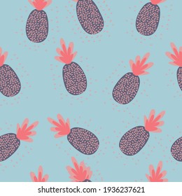 Cute seamless pattern from pink pineapples # Vector illustration on a blue background. 
