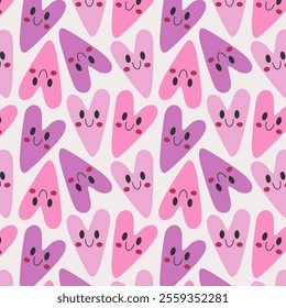 Cute seamless pattern with pink and purple doodle hearts featuring smiling faces. Perfect for Valentines Day designs, greeting cards, invitations, scrapbooking, posters, and textiles.