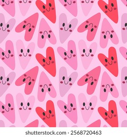 Cute seamless pattern with pink and purple doodle hearts featuring smiling faces. Perfect for Valentines Day designs, greeting cards, invitations, scrapbooking, posters, and textiles.